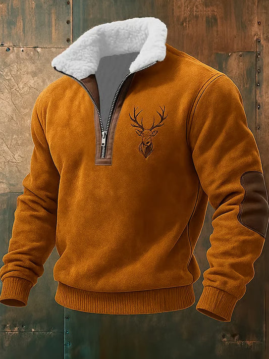 Men retro western art print casual zipper fur collar sweatshirt
