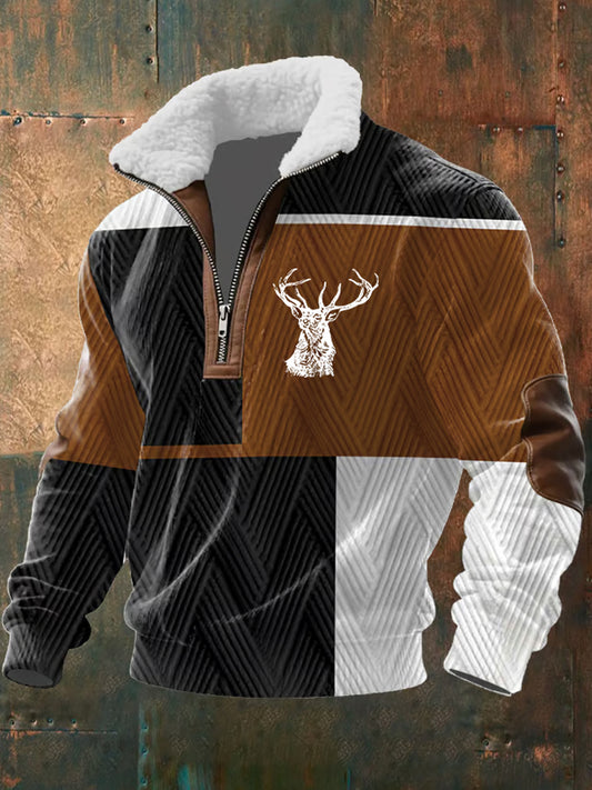 Men retro western art print casual zipper fur collar sweatshirt