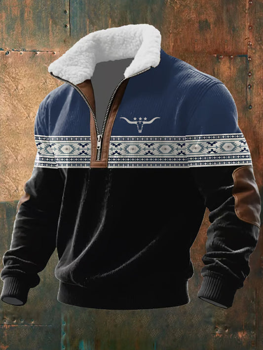 Men retro western art print casual zipper fur collar sweatshirt
