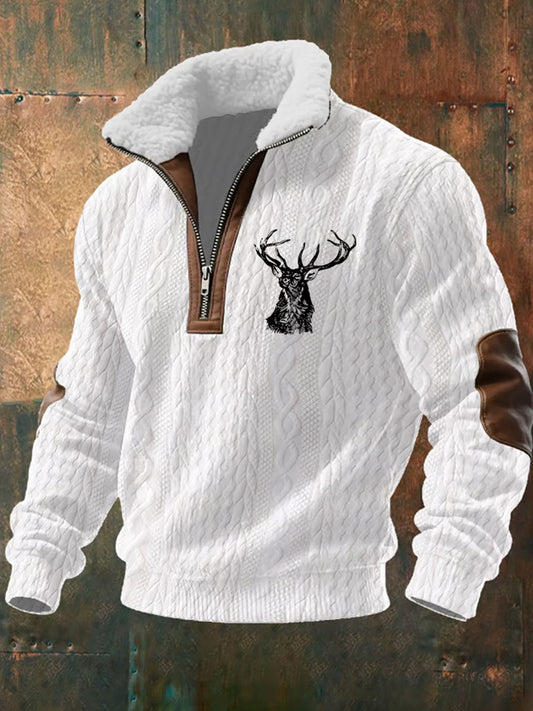 Men retro western art print casual zipper fur collar sweatshirt