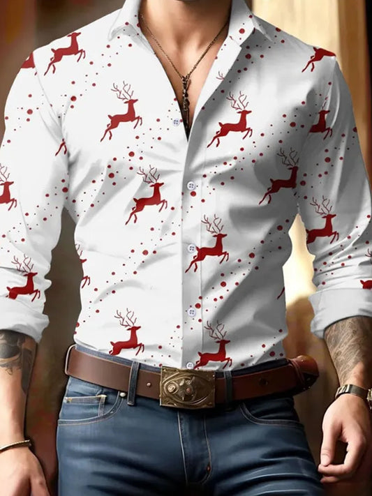 Pánské retro vánoční styl dlouhý rukáv casual košile