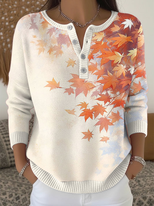 Dámské javorové listy klasický díkuvzdání henley neck svetr