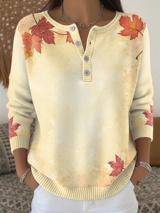 Ženské maple leaf minimalistický díkůvzdání henley neck svetr