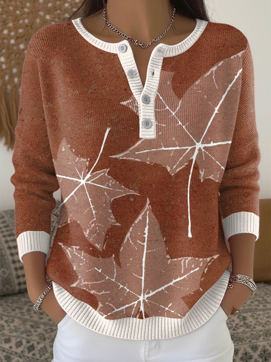 Dámské kaštanové javorové listy díkuvzdání henley neck svetr