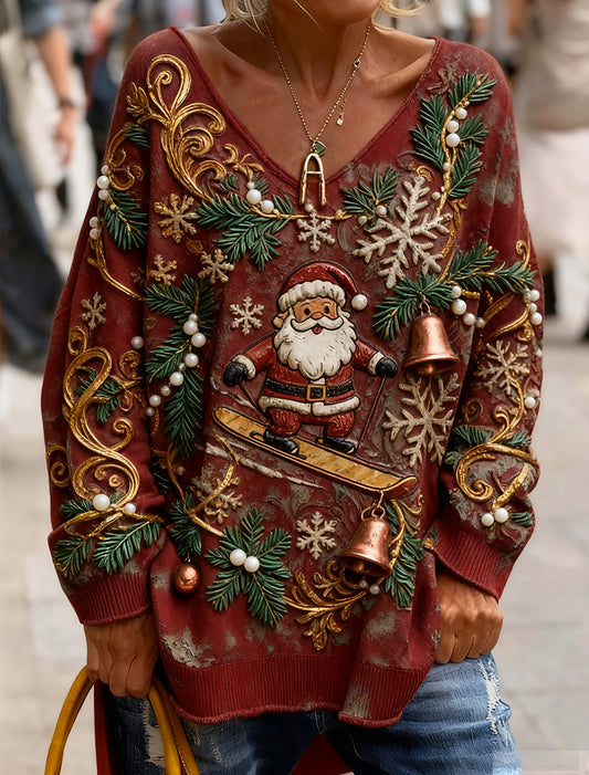 Dámské vintage vánoční umění tisk útulný pletený top