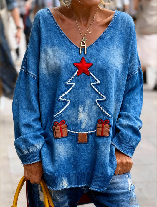 Dámské vintage vánoční umění tisk útulný pletený top