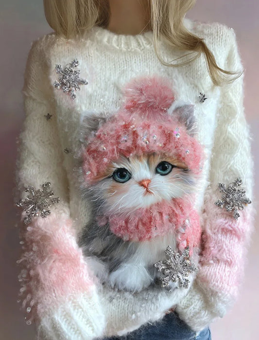 Dámské vintage vánoční umění tisk útulný svetr