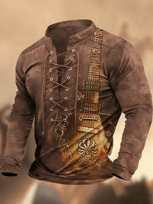 Vintage západní umění tisk country styl vneck henley s dlouhým rukávem košile