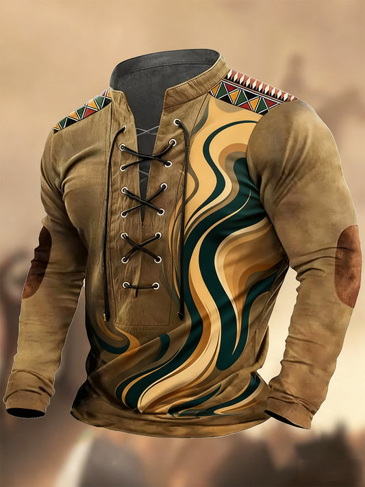 Vintage západní umění tisk country styl vneck henley s dlouhým rukávem košile