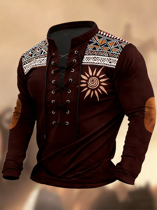 Vintage západní umění tisk country styl vneck henley s dlouhým rukávem košile