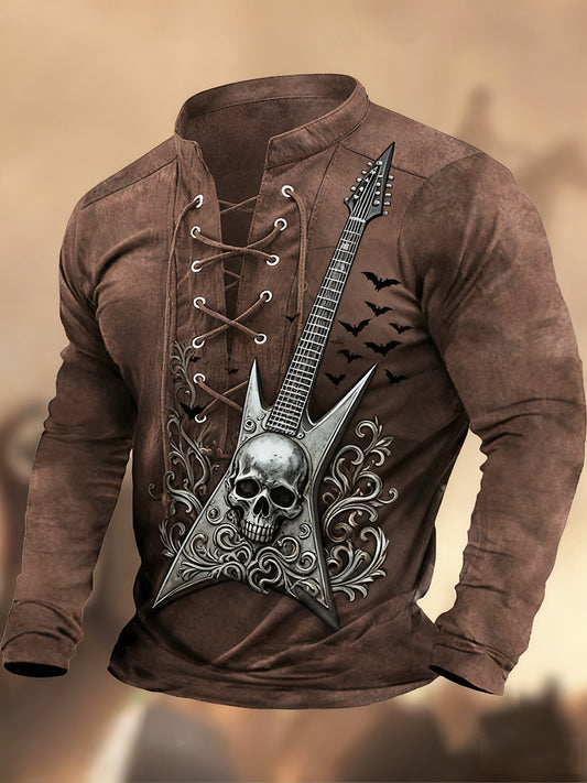 Vintage západní umění tisk country styl vneck henley s dlouhým rukávem košile