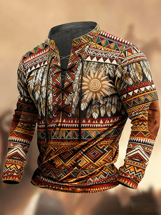 Vintage západní umění tisk country styl vneck henley s dlouhým rukávem košile