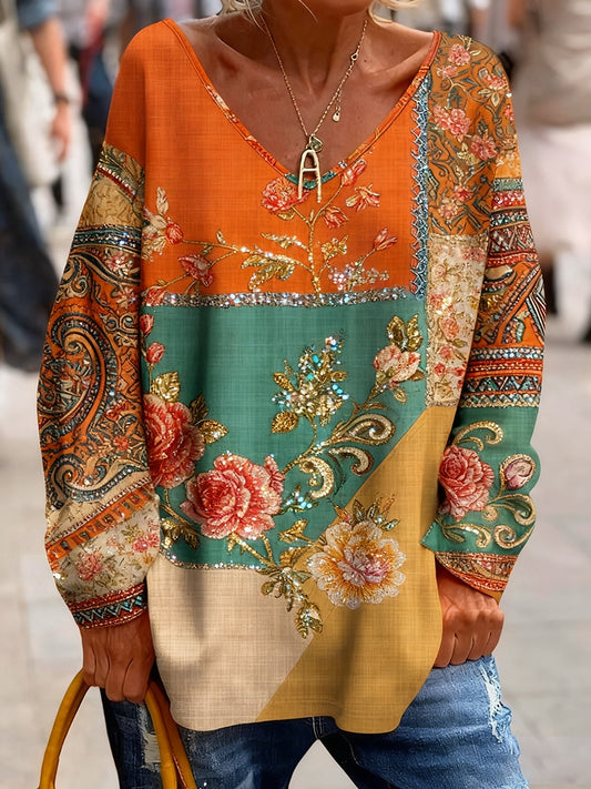 Retro bohémská květinová tisk vintage neformální bavlna v krku s dlouhým rukávem tshirt