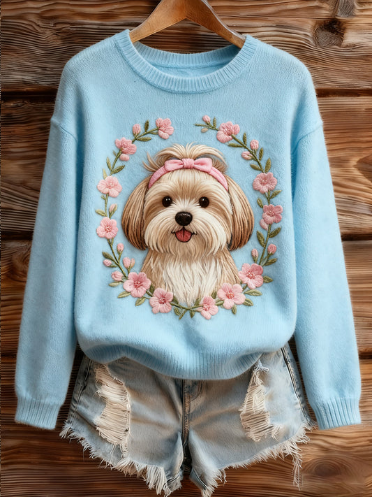 Dámské vintage umění zvířecí tisk útulný pletený svetr