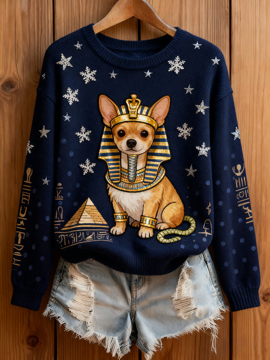 Dámské vintage umění zvířecí tisk útulný pletený svetr