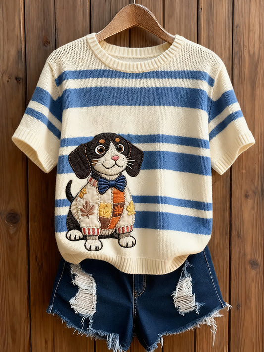 Dámské umělecké zvířecí tisk pohodlné pletené krátké rukávy top