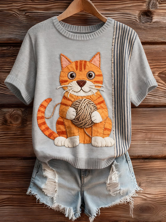 Dámské umělecké zvířecí tisk pohodlné pletené krátké rukávy top