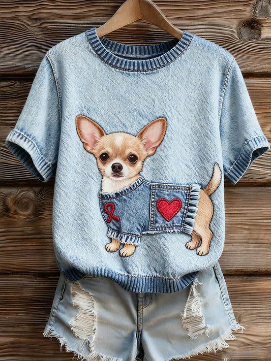 Dámské umělecké zvířecí tisk pohodlné pletené krátké rukávy top