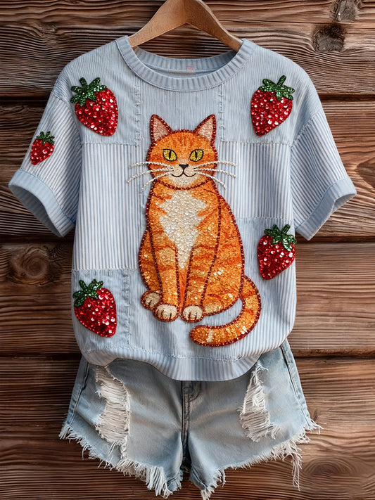 Dámské umělecké zvířecí tisk pohodlné pletené krátké rukávy top