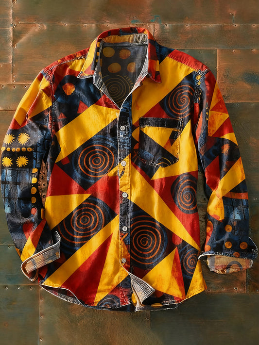 Pánské retro abstraktní art print příležitostné tričko s dlouhým rukávem