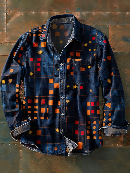 Pánské retro abstraktní art print příležitostné tričko s dlouhým rukávem