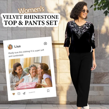 【XL-4XL】✨Dámský set sametové blůzy s krystaly a kalhotami