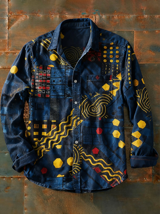 Pánské retro abstraktní art print příležitostné tričko s dlouhým rukávem