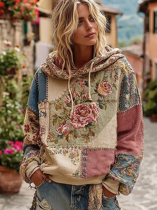 Dámské vintage bohémský patchwork floral casual hoodie