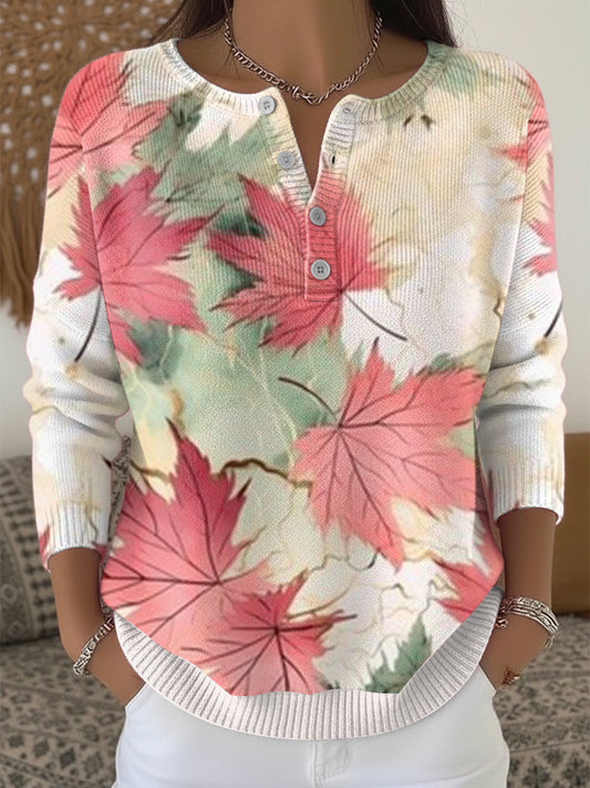 Ženské čerstvé javorové listy díkůvzdání henley neck svetr