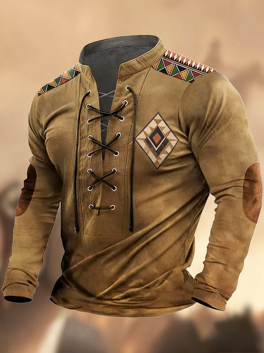 Vintage západní umění tisk country styl vneck henley s dlouhým rukávem košile