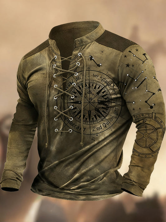 Vintage západní umění tisk country styl vneck henley s dlouhým rukávem košile