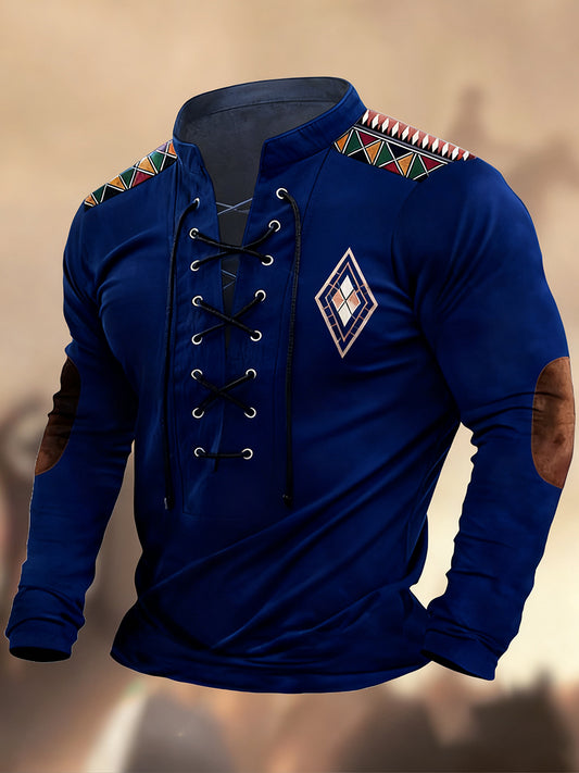 Vintage západní umění tisk country styl vneck henley s dlouhým rukávem košile