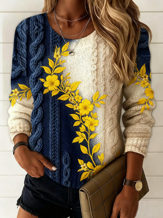 Dámské vintage květinové umění tisk příležitostné pohodlí svetr