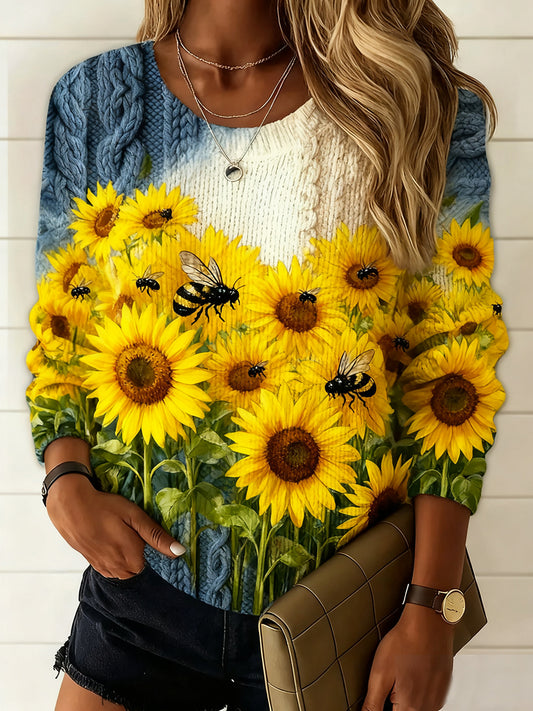 Dámské vintage květinové umění tisk příležitostné pohodlí svetr