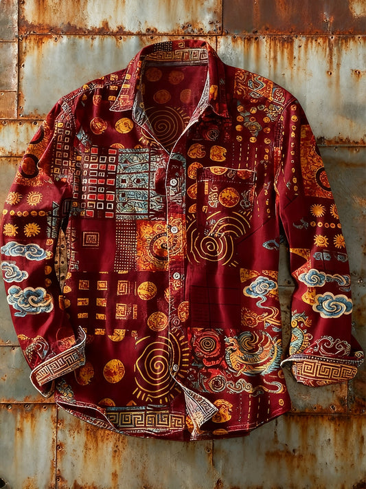 Pánské retro abstraktní art print příležitostné tričko s dlouhým rukávem