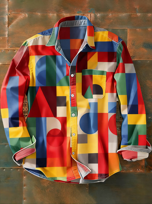 Pánské retro abstraktní art print příležitostné tričko s dlouhým rukávem