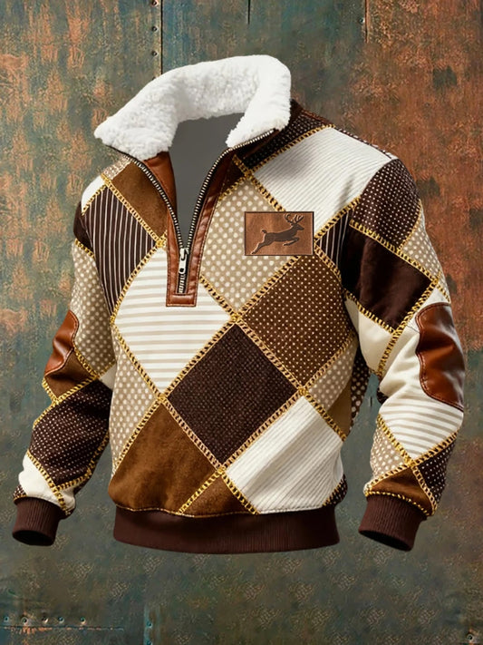 Men retro western art print casual zipper fur collar sweatshirt