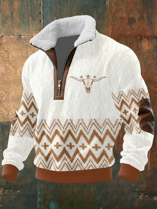 Men retro western art print casual zipper fur collar sweatshirt