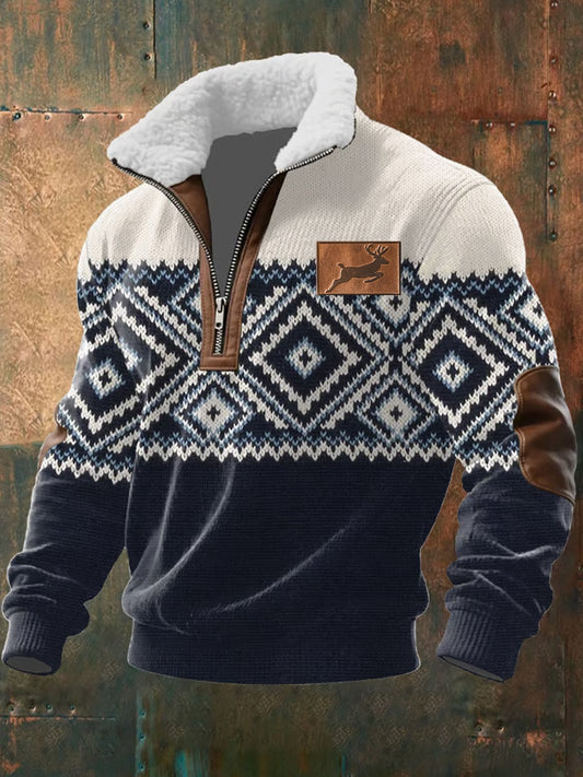 Men retro western art print casual zipper fur collar sweatshirt
