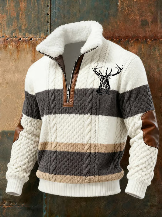 Men retro western art print casual zipper fur collar sweatshirt