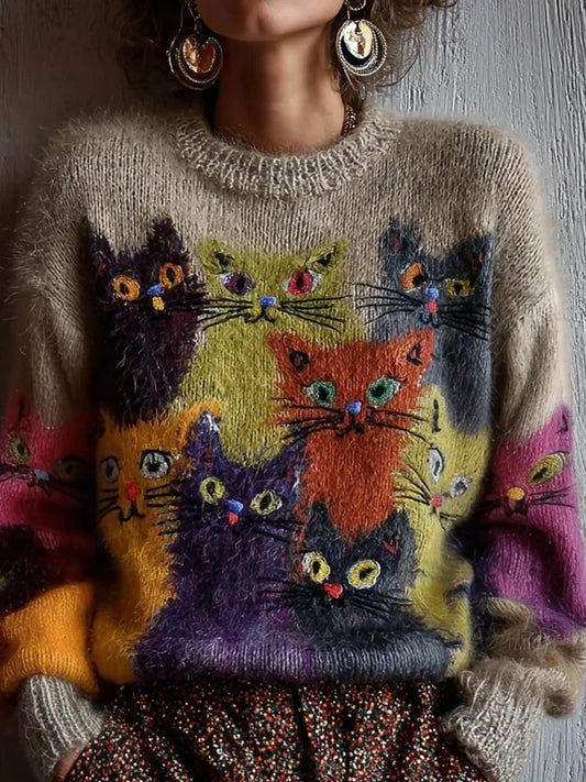 Dámské retro zvířecí umění tisk pohodlný denní svetr