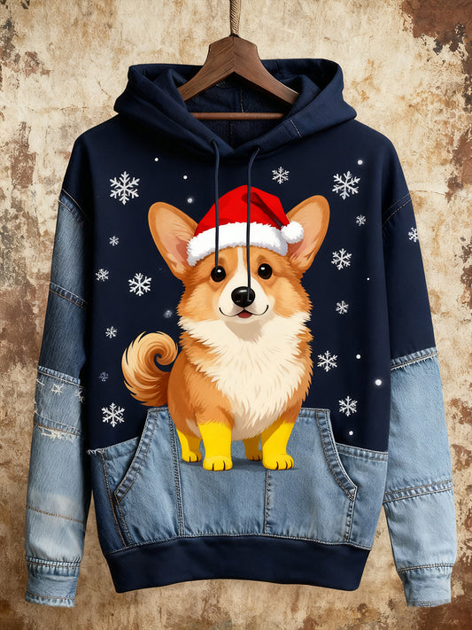 Unisex puppy christmas art print casual retro hoodie
