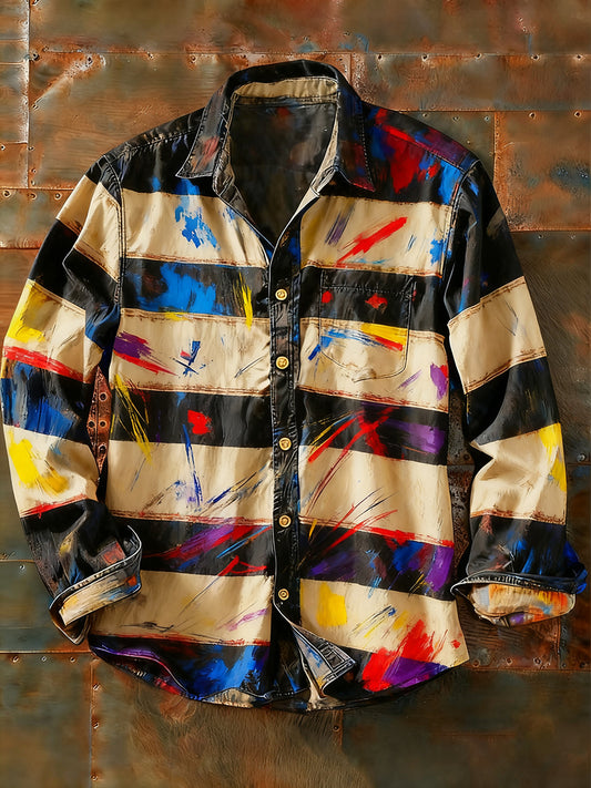 Pánské retro abstraktní art print příležitostné tričko s dlouhým rukávem