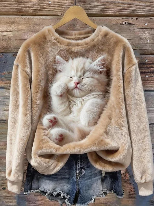 Dámské retro animal art print pohodlná flanelová mikina