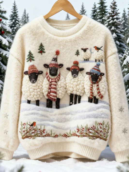 Dámské retro vánoční zvířecí umění tisk pohodlná flanelová mikina