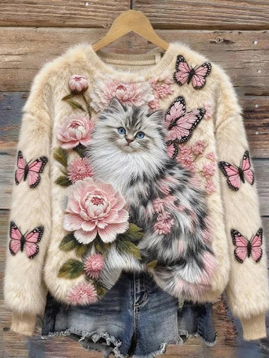 Dámské retro animal art print pohodlná flanelová mikina